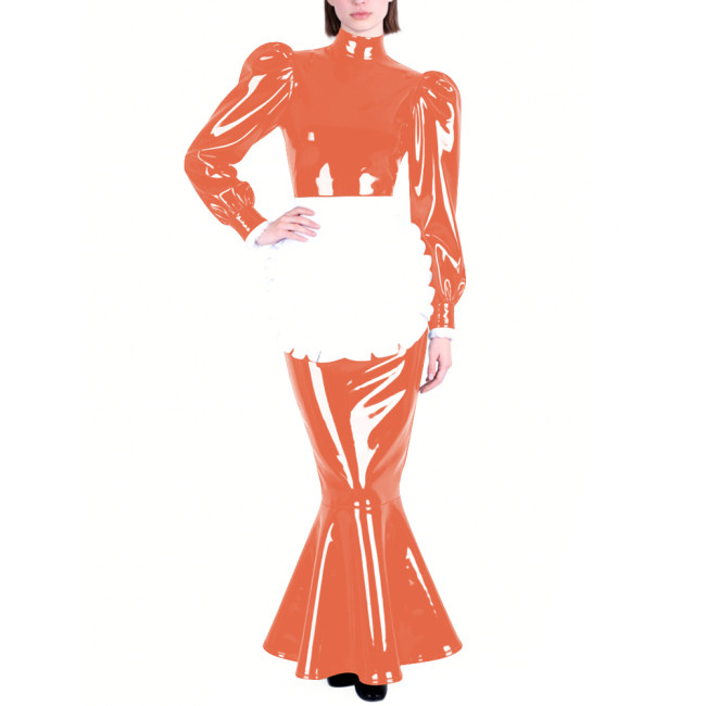 Mens Sissy PVC Glossy Mermaid Maid Dress High Neck Puff Long Sleeve Slim Fit Ruffled Long Dress with Apron Party Cosplay Outfits