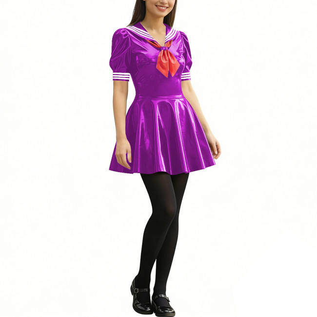 Anime Party Cosplay Sailor Mini Dress Short Sleeve Sweet Glossy PVC A-line Dress Wetlook Patent Leather Short Dress JK Uniforms