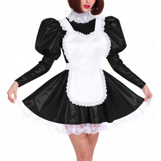 Puff Long Sleeve Glossy PVC French Miad Dress with Apron Lolita Lace Trim Pleated Cosplay Maid Uniforms Sissy Theme Party Outfit