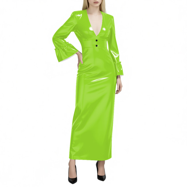 Women's Glossy PVC Leather Maxi Dress Sexy Deep V Neck Long Flare Sleeve Slim Pencil Dress Evening Party Club Formal Long Dress
