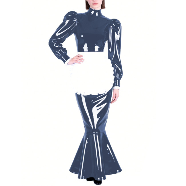 Mens Sissy PVC Glossy Mermaid Maid Dress High Neck Puff Long Sleeve Slim Fit Ruffled Long Dress with Apron Party Cosplay Outfits
