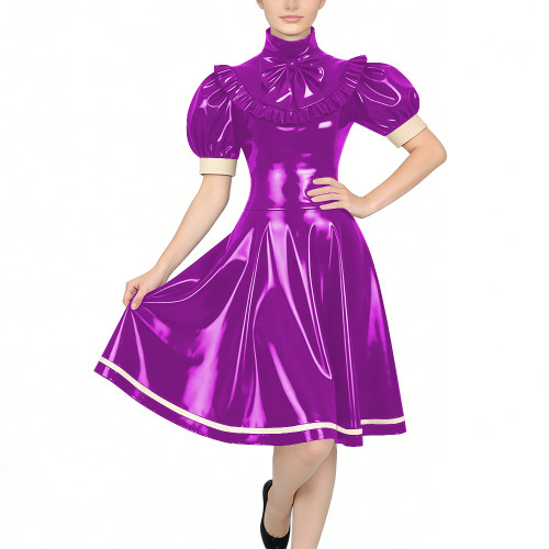 Women's Glossy PVC Vintage Style Dress Plus Size Party Knee-lenght A-line Dress Patchwork High Neck Ruffled Bow Flare Midi Dress