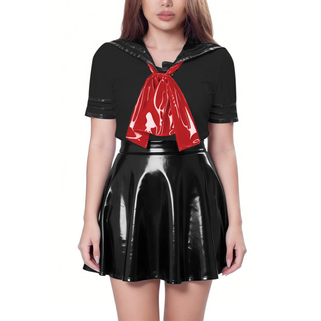 Retro Sailor Style PVC Mini Dress Sets Sissy Party Cosplay Outfit Short Sleeve Top with Bow High Waist Pleated Mini Skirt Suit