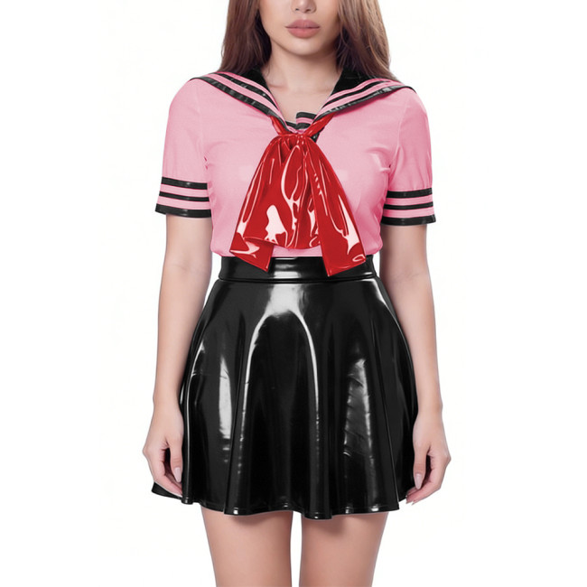 Retro Sailor Style PVC Mini Dress Sets Sissy Party Cosplay Outfit Short Sleeve Top with Bow High Waist Pleated Mini Skirt Suit