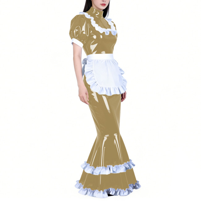 Shiny PVC French Maid Maxi Dress Womens Sissy Elegant High Neck Puff Short Sleeves Long Mermaid Dress with Apron Cosplay Outfits