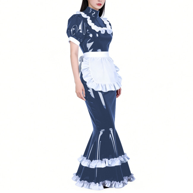 Shiny PVC French Maid Maxi Dress Womens Sissy Elegant High Neck Puff Short Sleeves Long Mermaid Dress with Apron Cosplay Outfits