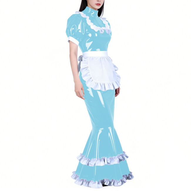 Shiny PVC French Maid Maxi Dress Womens Sissy Elegant High Neck Puff Short Sleeves Long Mermaid Dress with Apron Cosplay Outfits