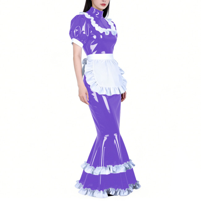Shiny PVC French Maid Maxi Dress Womens Sissy Elegant High Neck Puff Short Sleeves Long Mermaid Dress with Apron Cosplay Outfits