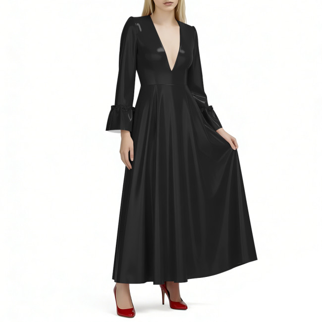 Sexy Deep V-Neck Long Flare Sleeves Maxi Dress for Womens Shiny PVC Leather A-Line Dresses Elegant Evening Gown Party Vestidos