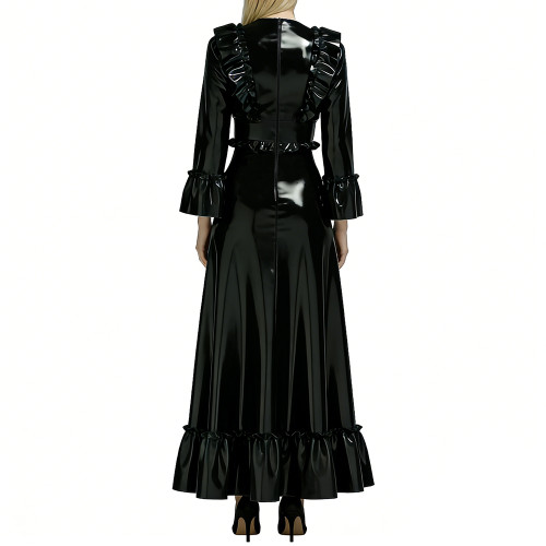 Fashion Elegance Glossy Women Long Dress Sexy Deep V-neck Full Sleeve A-line PVC Shiny Dresses Wetlook Party Dress Evening Gown