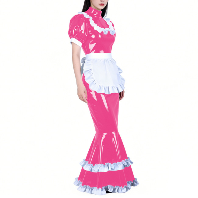 Shiny PVC French Maid Maxi Dress Womens Sissy Elegant High Neck Puff Short Sleeves Long Mermaid Dress with Apron Cosplay Outfits