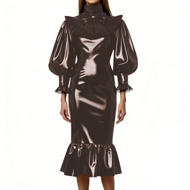 Cocktail Party Shiny Midi Dress for Women Vintage High Neck Bow Ruffle Vinyl PVC Leather Bodycon Dress Fetish Slim Mermaid Dress