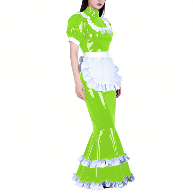 Shiny PVC French Maid Maxi Dress Womens Sissy Elegant High Neck Puff Short Sleeves Long Mermaid Dress with Apron Cosplay Outfits