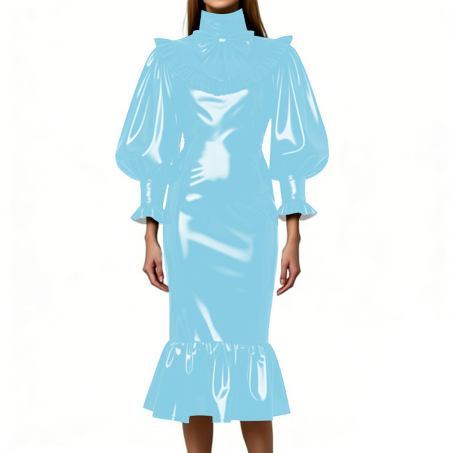 Cocktail Party Shiny Midi Dress for Women Vintage High Neck Bow Ruffle Vinyl PVC Leather Bodycon Dress Fetish Slim Mermaid Dress