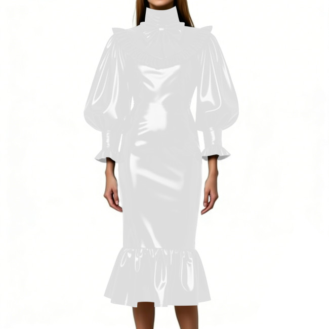 Cocktail Party Shiny Midi Dress for Women Vintage High Neck Bow Ruffle Vinyl PVC Leather Bodycon Dress Fetish Slim Mermaid Dress