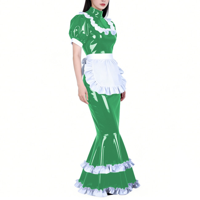 Shiny PVC French Maid Maxi Dress Womens Sissy Elegant High Neck Puff Short Sleeves Long Mermaid Dress with Apron Cosplay Outfits