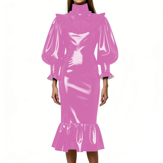 Cocktail Party Shiny Midi Dress for Women Vintage High Neck Bow Ruffle Vinyl PVC Leather Bodycon Dress Fetish Slim Mermaid Dress