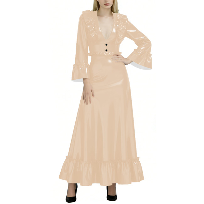 Fashion Elegance Glossy Women Long Dress Sexy Deep V-neck Full Sleeve A-line PVC Shiny Dresses Wetlook Party Dress Evening Gown