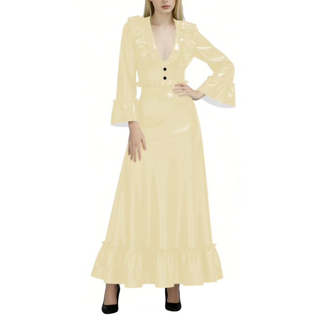 Fashion Elegance Glossy Women Long Dress Sexy Deep V-neck Full Sleeve A-line PVC Shiny Dresses Wetlook Party Dress Evening Gown