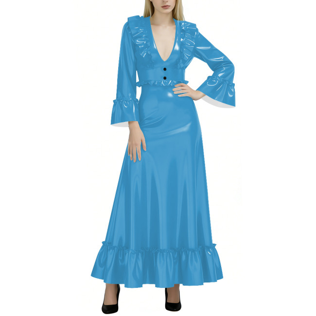 Fashion Elegance Glossy Women Long Dress Sexy Deep V-neck Full Sleeve A-line PVC Shiny Dresses Wetlook Party Dress Evening Gown