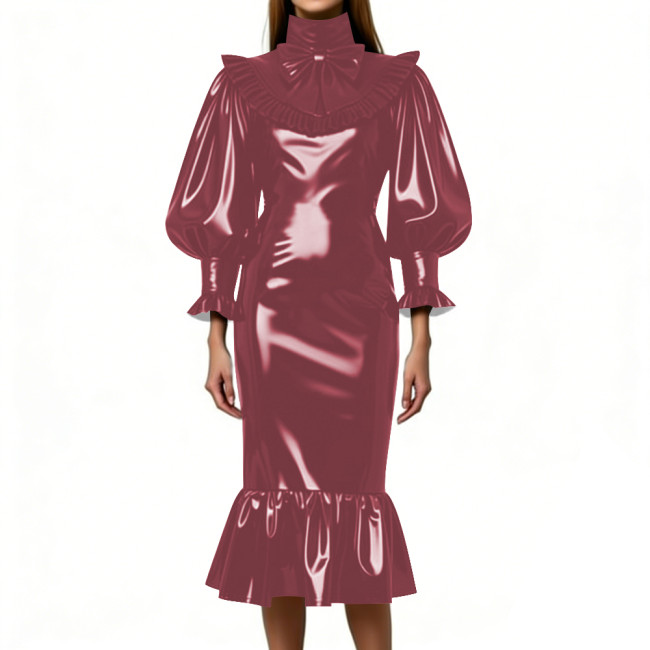 Cocktail Party Shiny Midi Dress for Women Vintage High Neck Bow Ruffle Vinyl PVC Leather Bodycon Dress Fetish Slim Mermaid Dress