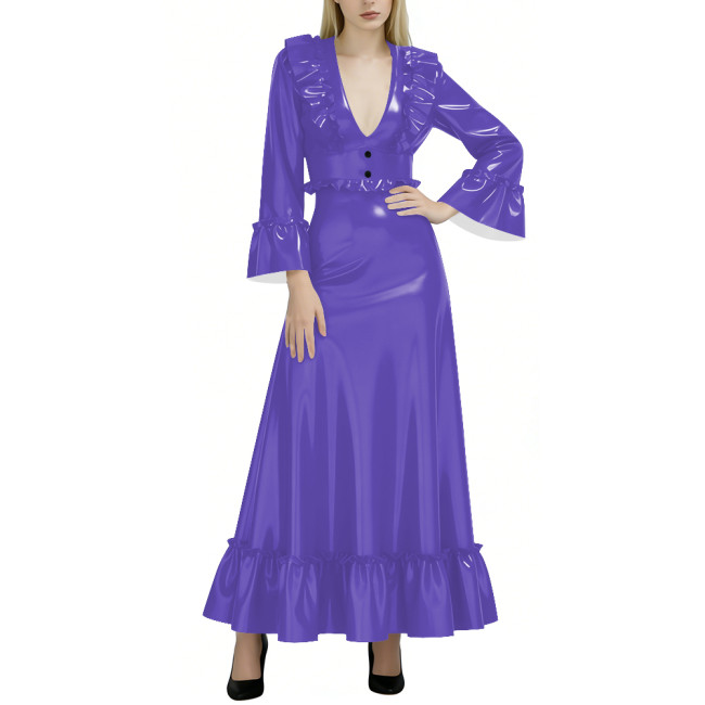 Fashion Elegance Glossy Women Long Dress Sexy Deep V-neck Full Sleeve A-line PVC Shiny Dresses Wetlook Party Dress Evening Gown