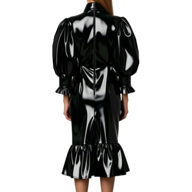 Cocktail Party Shiny Midi Dress for Women Vintage High Neck Bow Ruffle Vinyl PVC Leather Bodycon Dress Fetish Slim Mermaid Dress