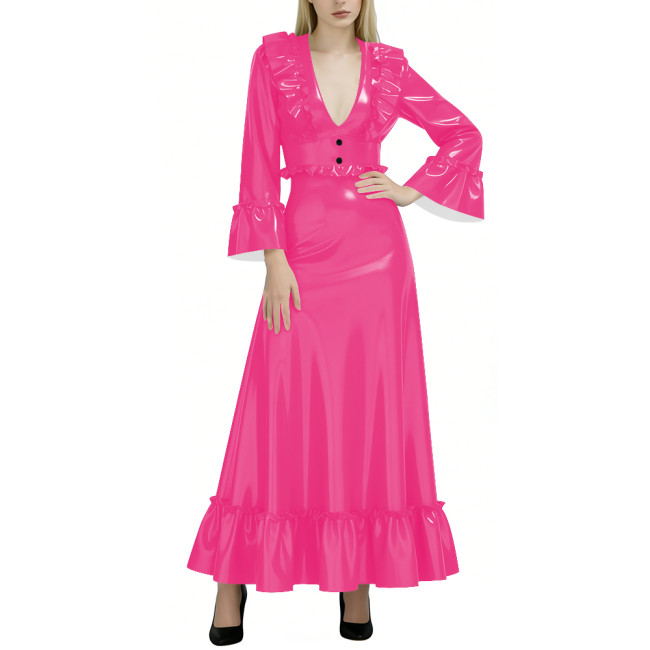 Fashion Elegance Glossy Women Long Dress Sexy Deep V-neck Full Sleeve A-line PVC Shiny Dresses Wetlook Party Dress Evening Gown