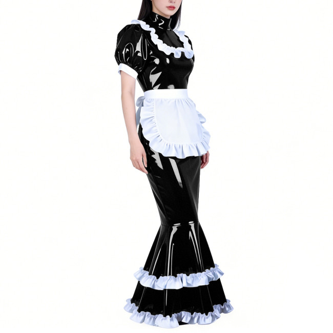 Shiny PVC French Maid Maxi Dress Womens Sissy Elegant High Neck Puff Short Sleeves Long Mermaid Dress with Apron Cosplay Outfits