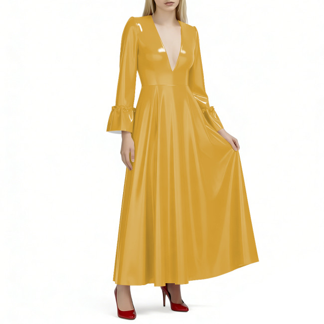Sexy Deep V-Neck Long Flare Sleeves Maxi Dress for Womens Shiny PVC Leather A-Line Dresses Elegant Evening Gown Party Vestidos
