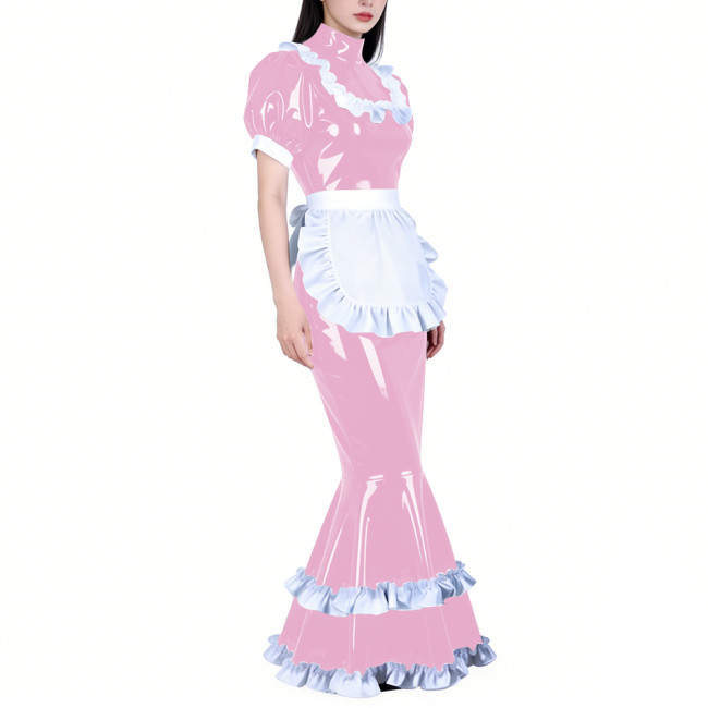 Shiny PVC French Maid Maxi Dress Womens Sissy Elegant High Neck Puff Short Sleeves Long Mermaid Dress with Apron Cosplay Outfits