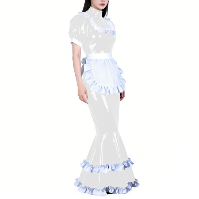 Shiny PVC French Maid Maxi Dress Womens Sissy Elegant High Neck Puff Short Sleeves Long Mermaid Dress with Apron Cosplay Outfits