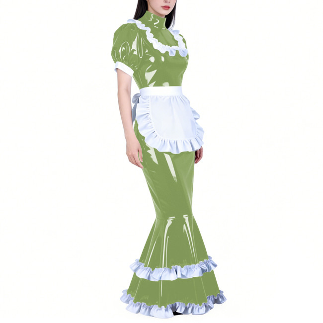 Shiny PVC French Maid Maxi Dress Womens Sissy Elegant High Neck Puff Short Sleeves Long Mermaid Dress with Apron Cosplay Outfits