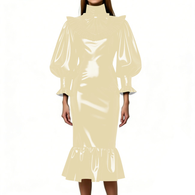 Cocktail Party Shiny Midi Dress for Women Vintage High Neck Bow Ruffle Vinyl PVC Leather Bodycon Dress Fetish Slim Mermaid Dress