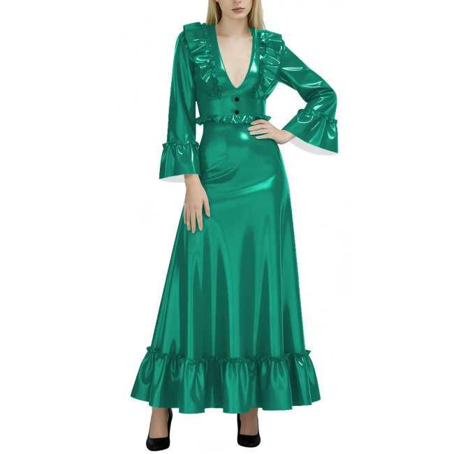 Fashion Elegance Glossy Women Long Dress Sexy Deep V-neck Full Sleeve A-line PVC Shiny Dresses Wetlook Party Dress Evening Gown