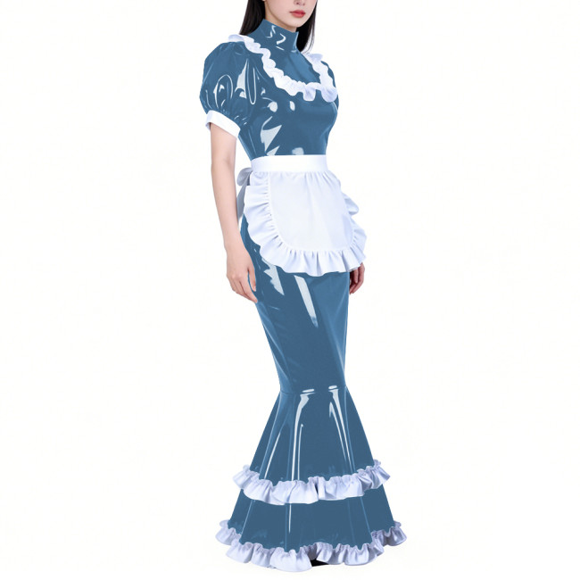 Shiny PVC French Maid Maxi Dress Womens Sissy Elegant High Neck Puff Short Sleeves Long Mermaid Dress with Apron Cosplay Outfits
