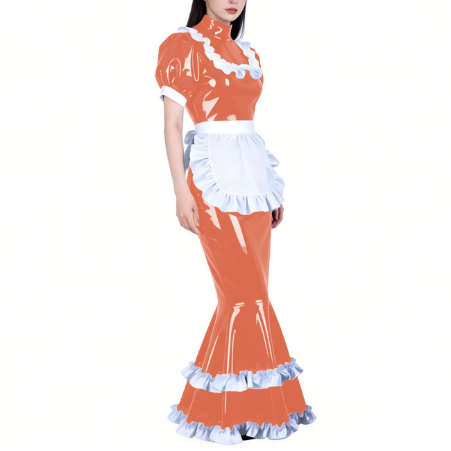 Shiny PVC French Maid Maxi Dress Womens Sissy Elegant High Neck Puff Short Sleeves Long Mermaid Dress with Apron Cosplay Outfits