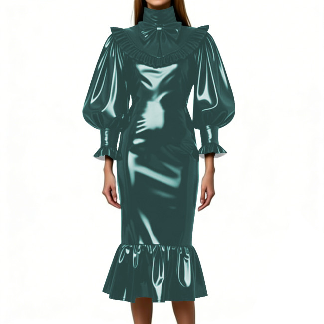Cocktail Party Shiny Midi Dress for Women Vintage High Neck Bow Ruffle Vinyl PVC Leather Bodycon Dress Fetish Slim Mermaid Dress