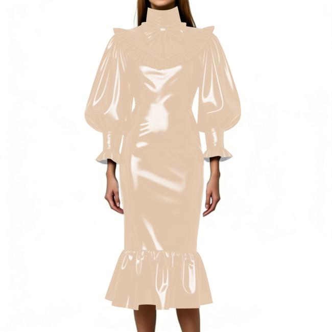 Cocktail Party Shiny Midi Dress for Women Vintage High Neck Bow Ruffle Vinyl PVC Leather Bodycon Dress Fetish Slim Mermaid Dress