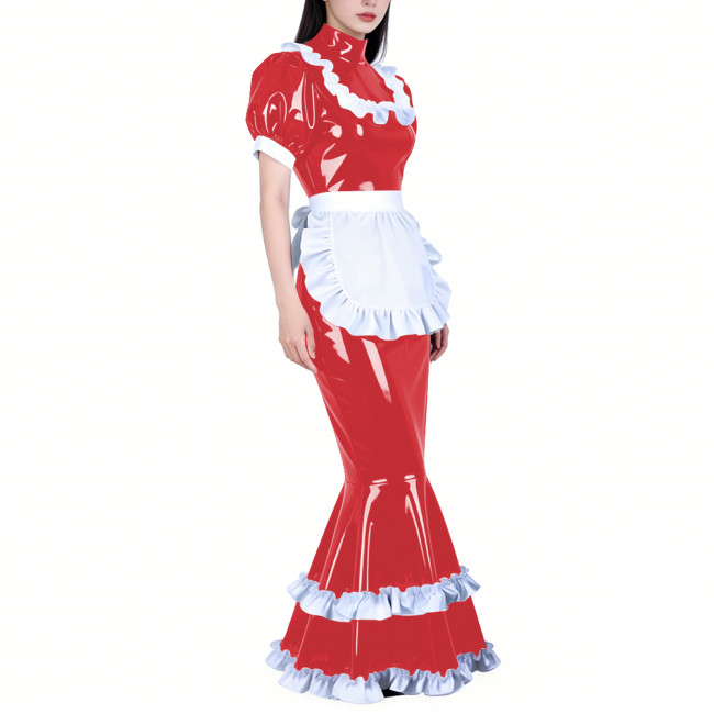 Shiny PVC French Maid Maxi Dress Womens Sissy Elegant High Neck Puff Short Sleeves Long Mermaid Dress with Apron Cosplay Outfits