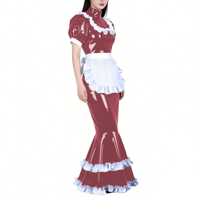 Shiny PVC French Maid Maxi Dress Womens Sissy Elegant High Neck Puff Short Sleeves Long Mermaid Dress with Apron Cosplay Outfits