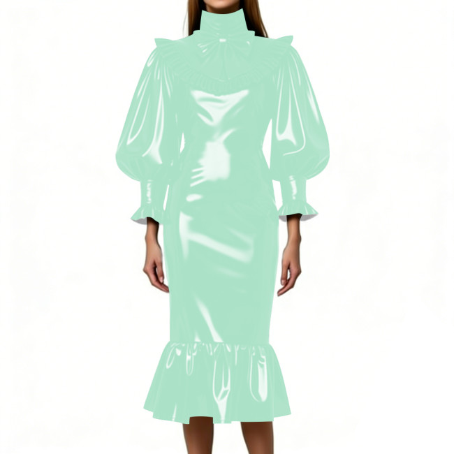 Cocktail Party Shiny Midi Dress for Women Vintage High Neck Bow Ruffle Vinyl PVC Leather Bodycon Dress Fetish Slim Mermaid Dress