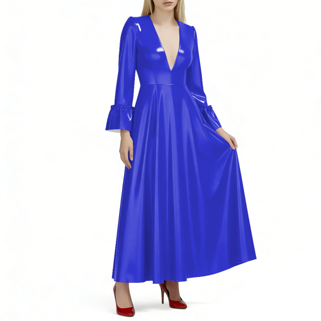 Sexy Deep V-Neck Long Flare Sleeves Maxi Dress for Womens Shiny PVC Leather A-Line Dresses Elegant Evening Gown Party Vestidos