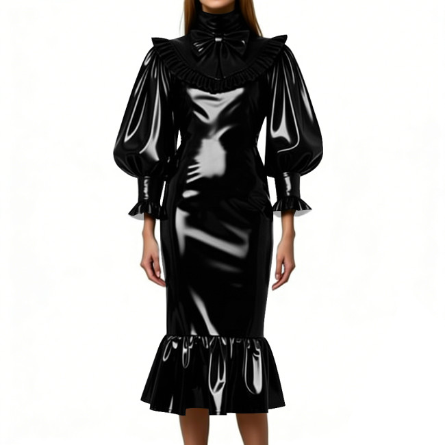 Cocktail Party Shiny Midi Dress for Women Vintage High Neck Bow Ruffle Vinyl PVC Leather Bodycon Dress Fetish Slim Mermaid Dress