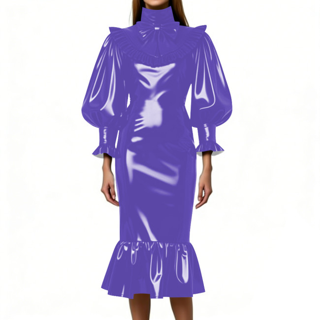 Cocktail Party Shiny Midi Dress for Women Vintage High Neck Bow Ruffle Vinyl PVC Leather Bodycon Dress Fetish Slim Mermaid Dress