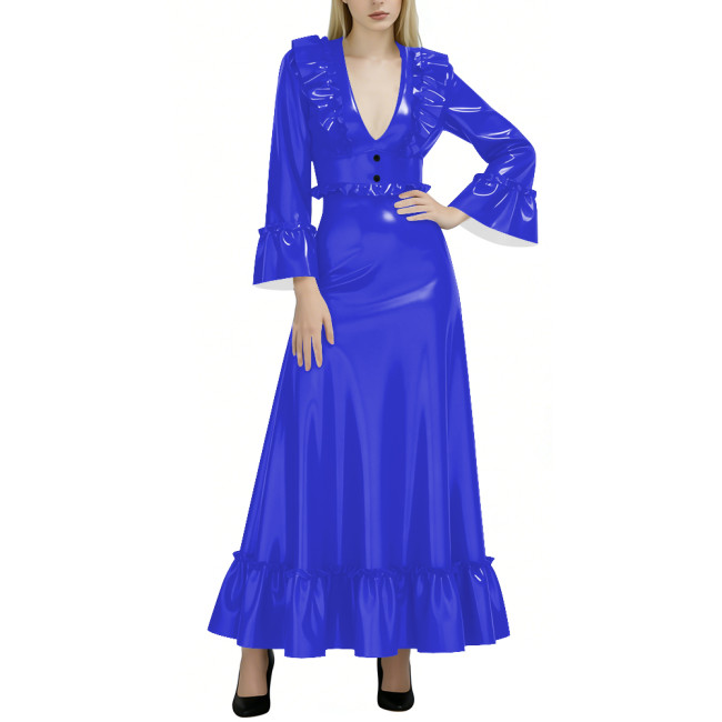 Fashion Elegance Glossy Women Long Dress Sexy Deep V-neck Full Sleeve A-line PVC Shiny Dresses Wetlook Party Dress Evening Gown
