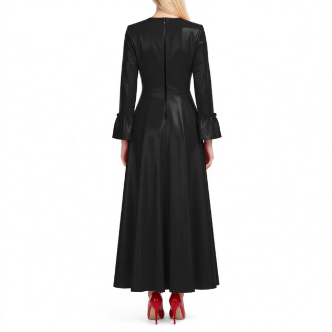 Sexy Deep V-Neck Long Flare Sleeves Maxi Dress for Womens Shiny PVC Leather A-Line Dresses Elegant Evening Gown Party Vestidos