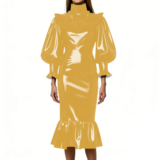 Cocktail Party Shiny Midi Dress for Women Vintage High Neck Bow Ruffle Vinyl PVC Leather Bodycon Dress Fetish Slim Mermaid Dress