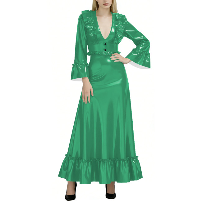 Fashion Elegance Glossy Women Long Dress Sexy Deep V-neck Full Sleeve A-line PVC Shiny Dresses Wetlook Party Dress Evening Gown