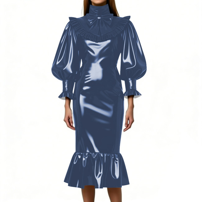 Cocktail Party Shiny Midi Dress for Women Vintage High Neck Bow Ruffle Vinyl PVC Leather Bodycon Dress Fetish Slim Mermaid Dress